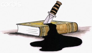 knife stabbing book with black blood